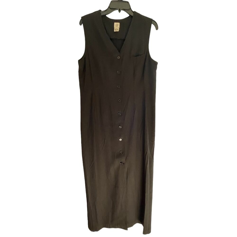 Vintage GAP Dress 8 Gothic Casual Minimal Long Sleeveless Button Up V-Neck Black